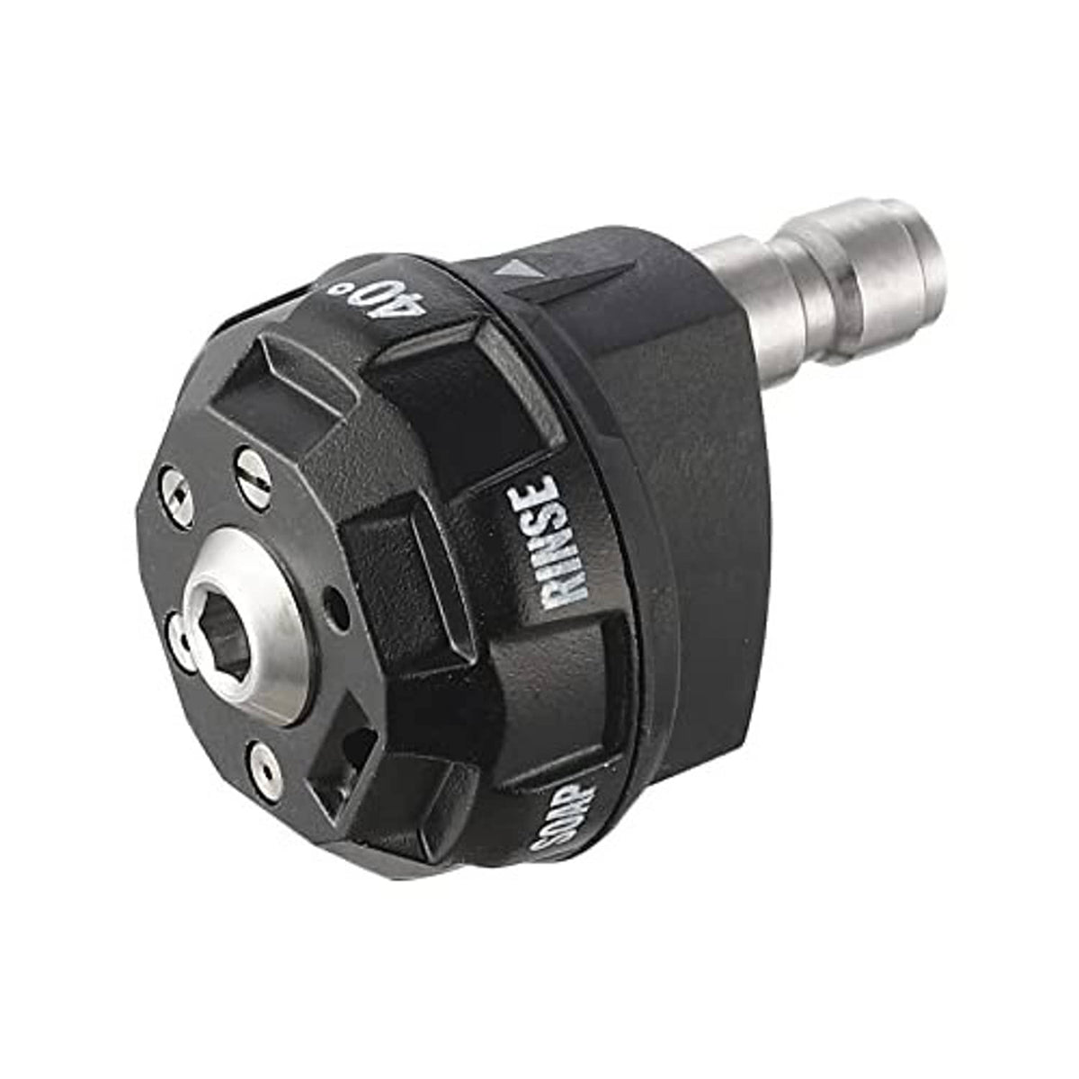 Rotary pressure washer nozzle tip, black body with silver quick-connect coupler