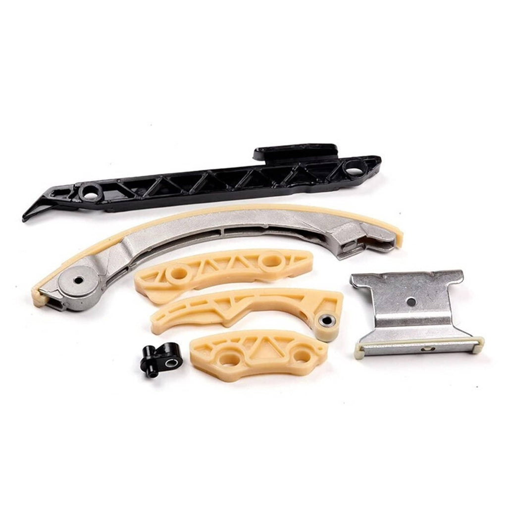 Timing chain guides and tensioner kit with black rail, yellow guides, and brackets