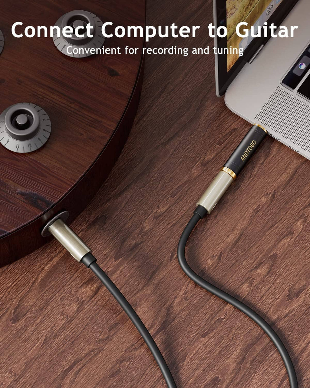Stereo audio adapter connection for recording, 3.5mm plug to 1/4in port, black cable ends