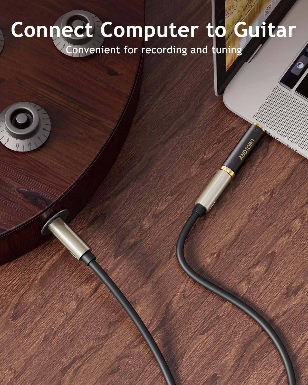 Stereo audio adapter connection for recording, 3.5mm plug to 1/4in port, black cable ends