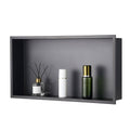 Recessed stainless steel shower niche wall shelf, dark frame with open rectangular tray