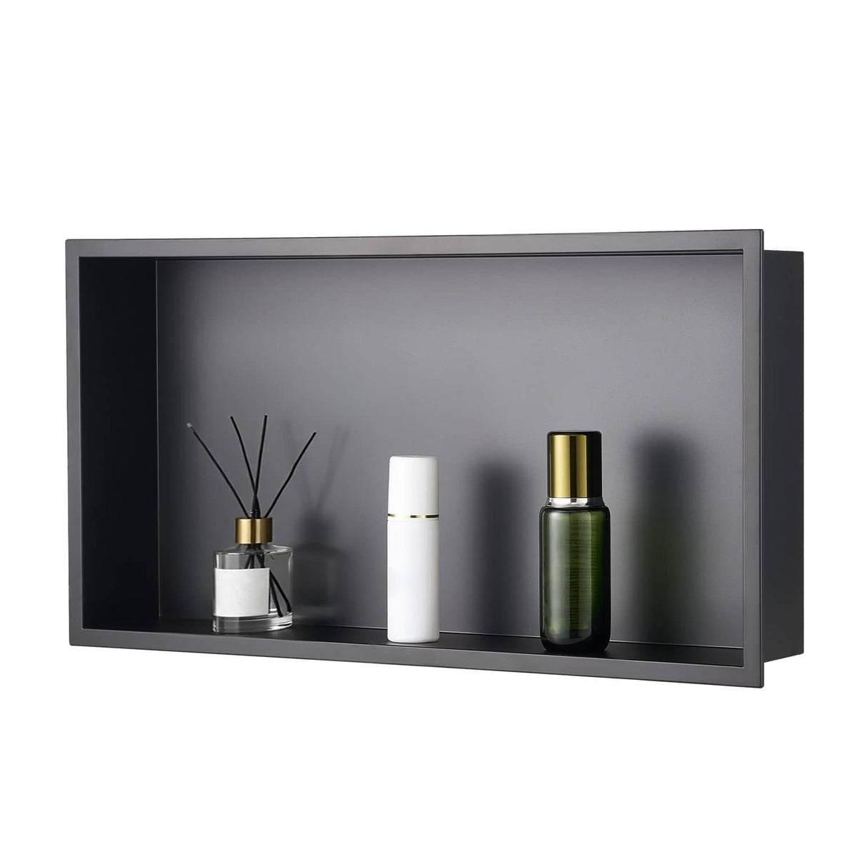 Recessed stainless steel shower niche wall shelf, dark frame with open rectangular tray