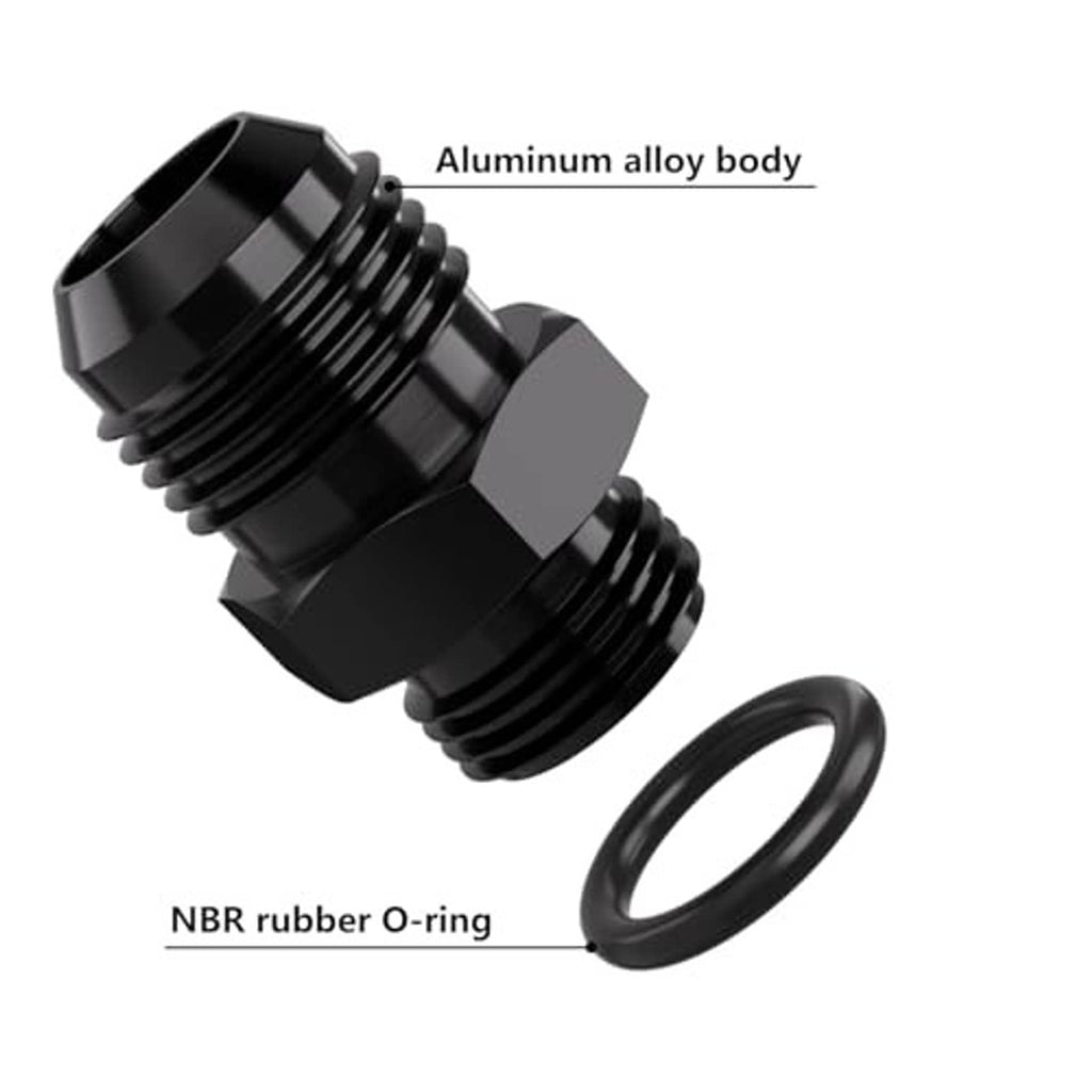 Black AN-style hose fitting adapter with O-ring gasket and hex threaded connections