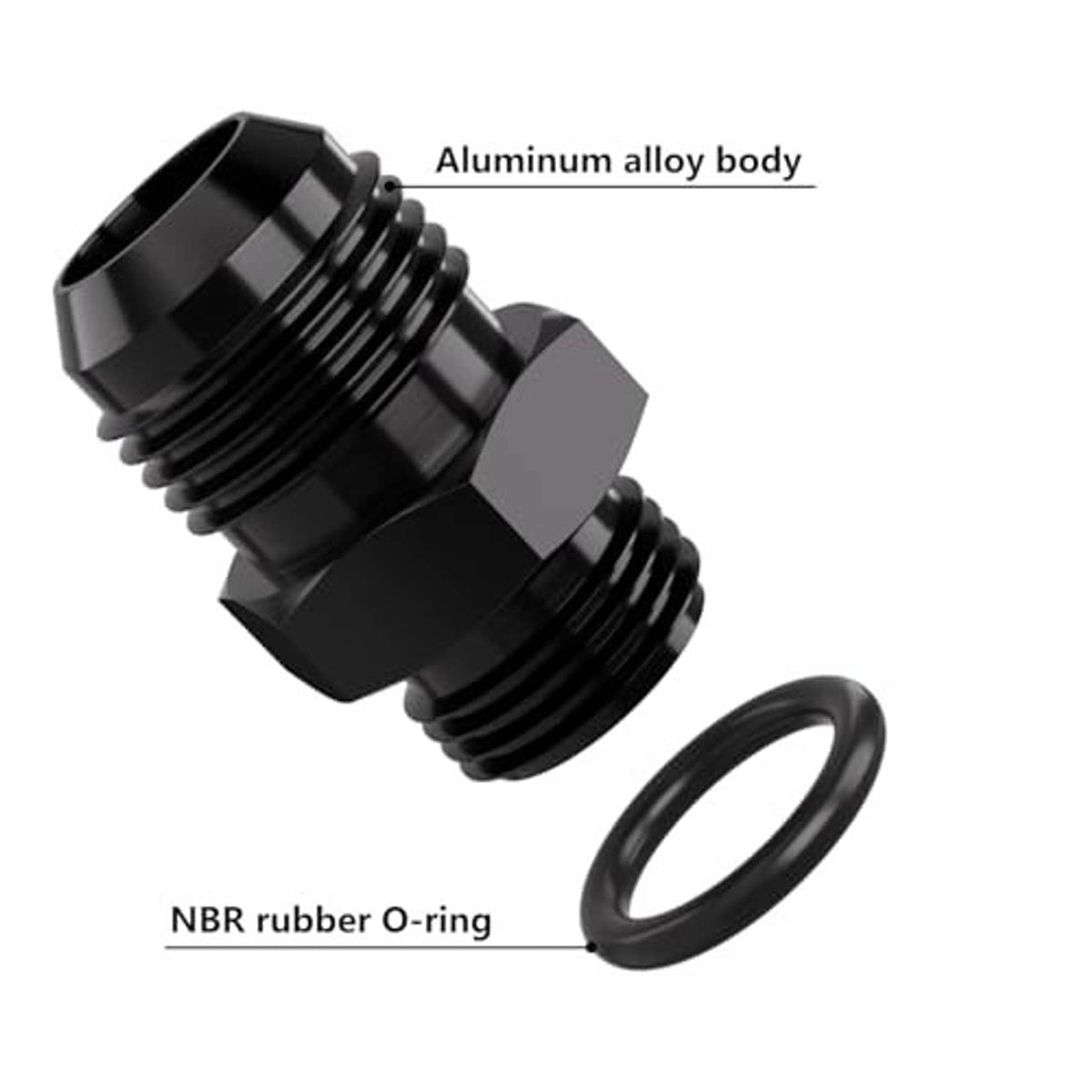 Black AN-style hose fitting adapter with O-ring gasket and hex threaded connections
