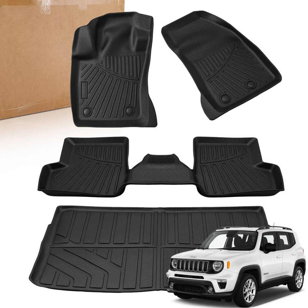 Black TPE floor mat set with raised tread pattern for front and trunk coverage