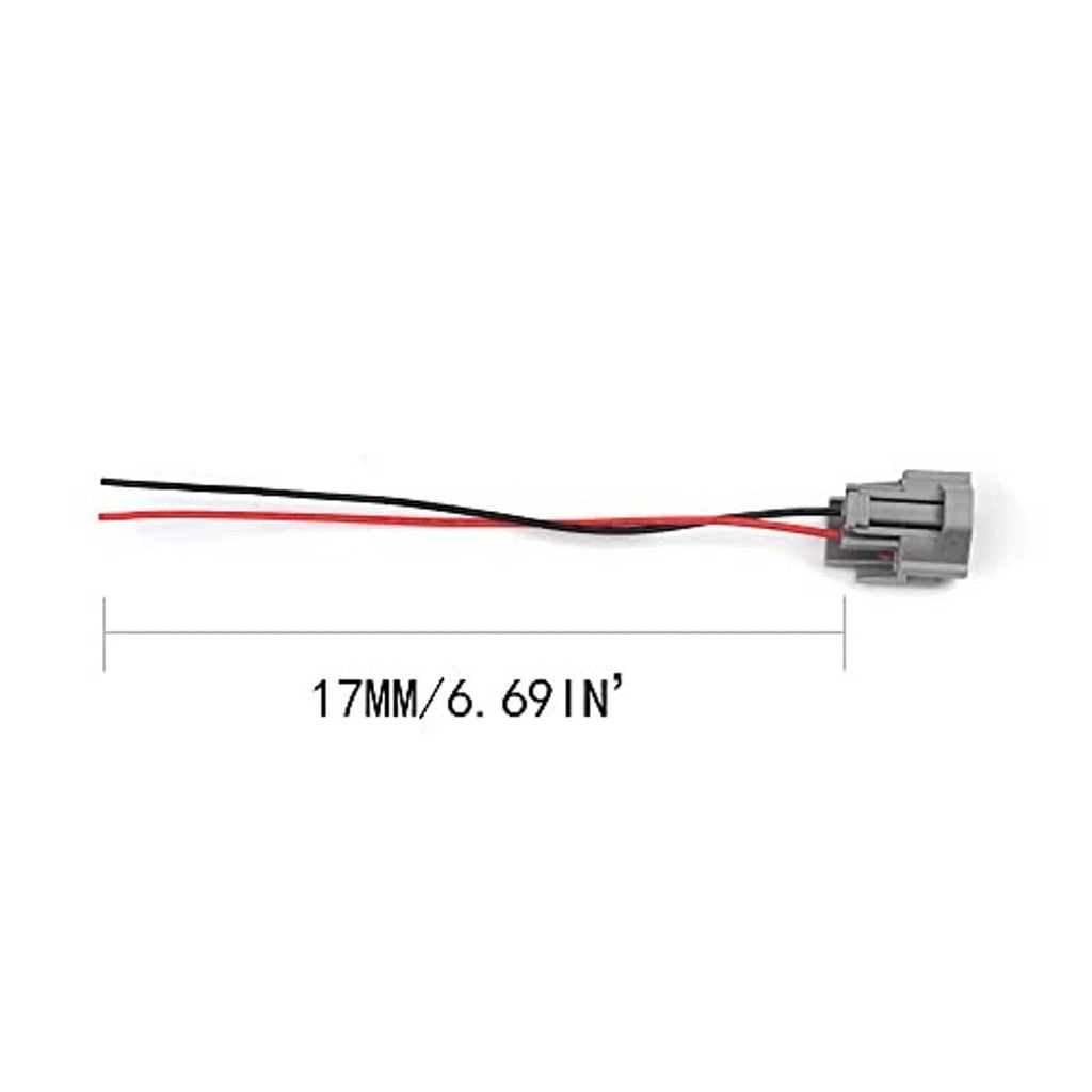 Gray fuel injector connector with red and black wires, length measurement 17mm