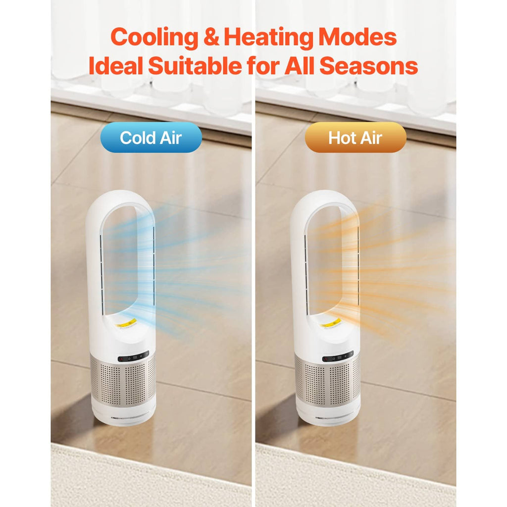 White bladeless tower fan air purifier with mesh intake grille and control panel