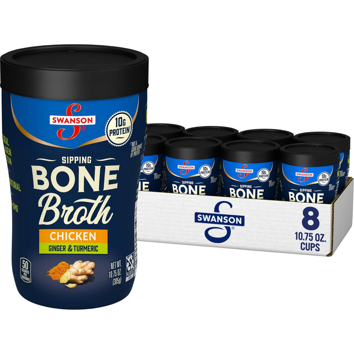 Swanson sipping bone broth container, chicken ginger-turmeric, navy label with gold accents