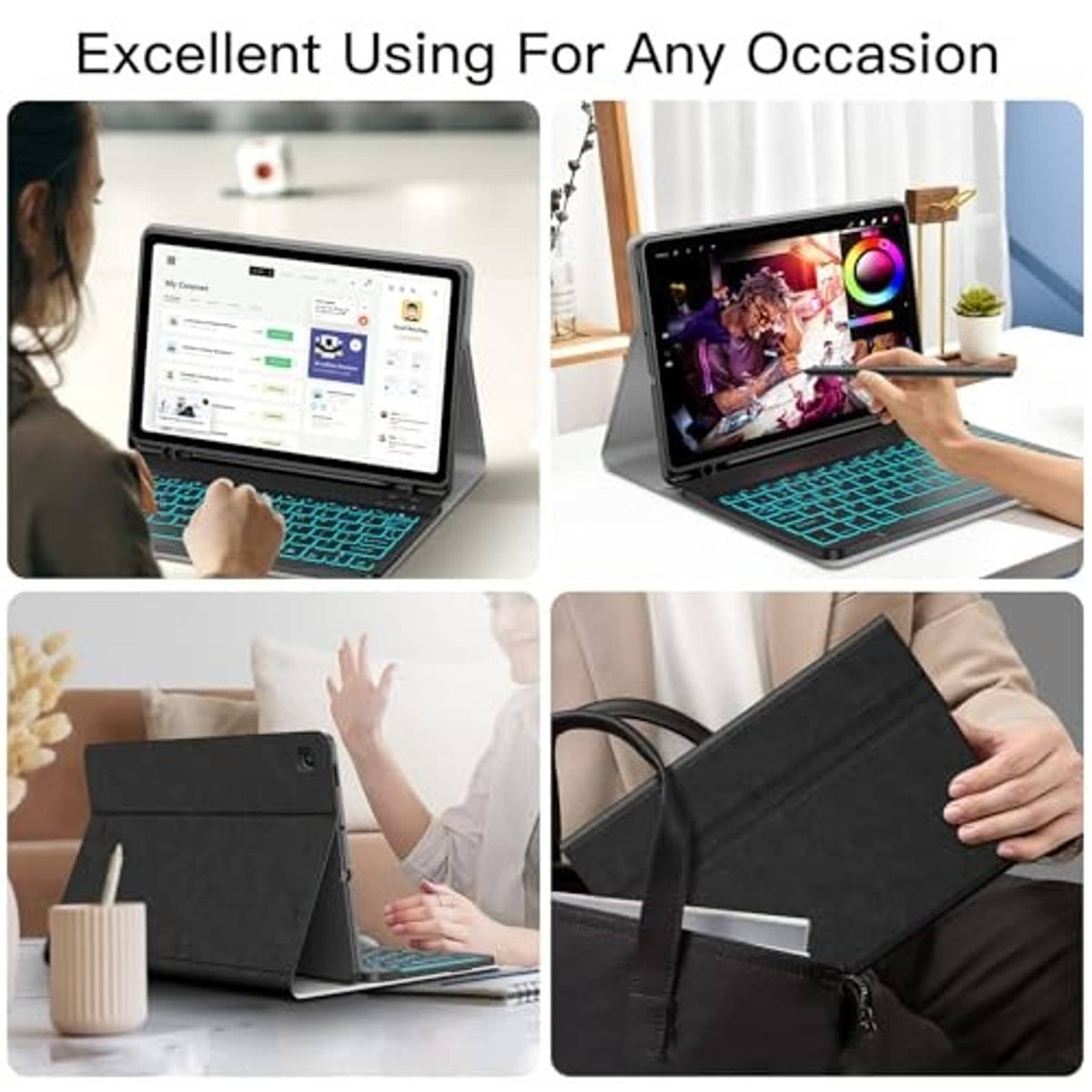 Black folio tablet keyboard case with teal backlit wireless keys