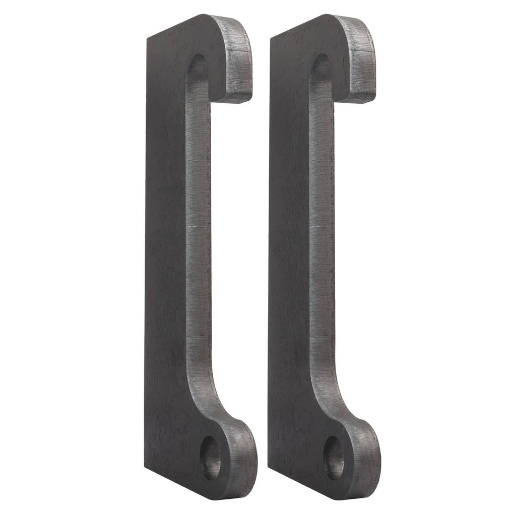 Pair of dark steel loader mount hooks with vertical plates and circular bolt holes