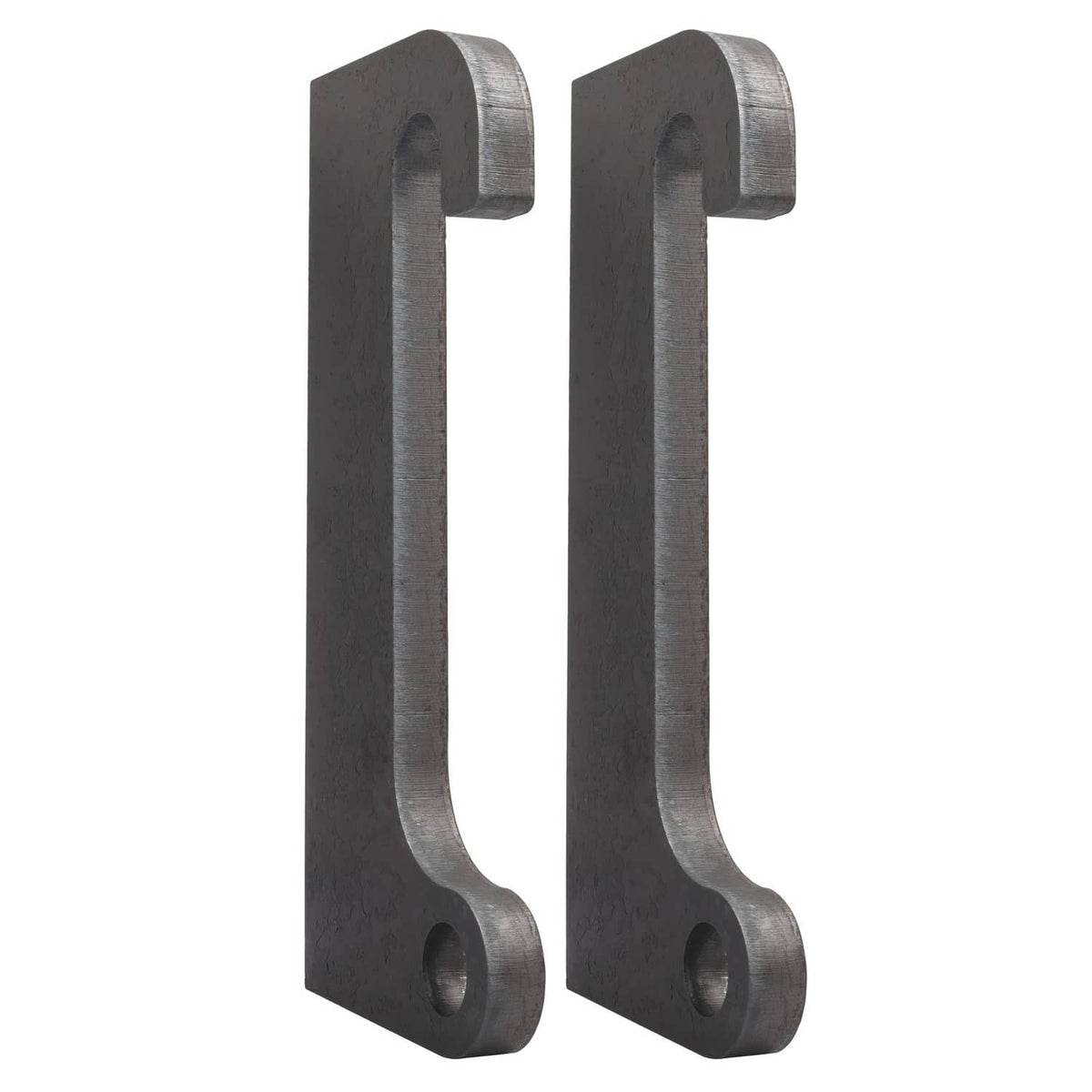 Pair of dark steel loader mount hooks with vertical plates and circular bolt holes