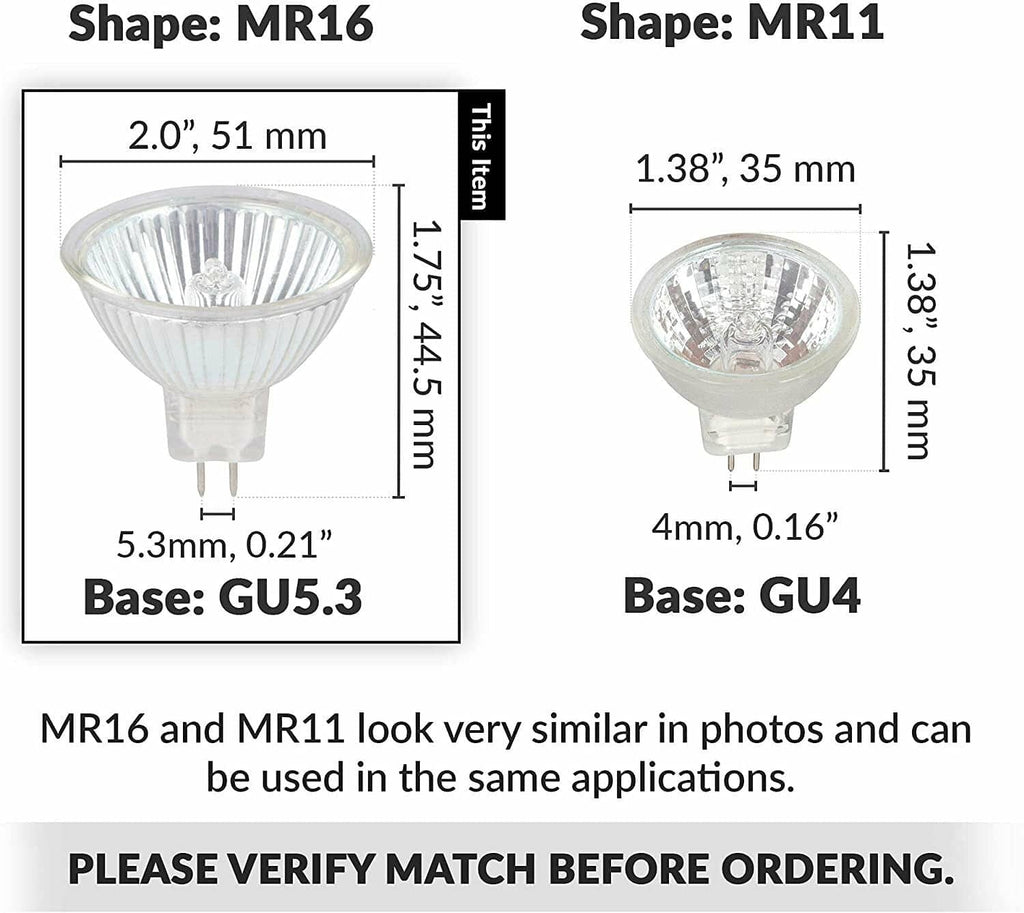 MR16 halogen bulb size diagram, GU5.3 bi-pin base (dimensions shown)