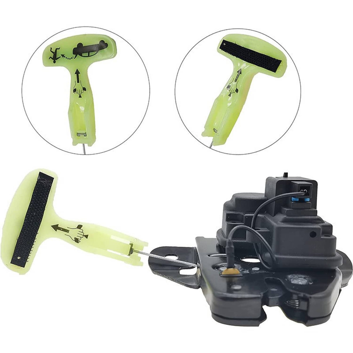 Trunk latch actuator with neon green emergency handle and connector detail views