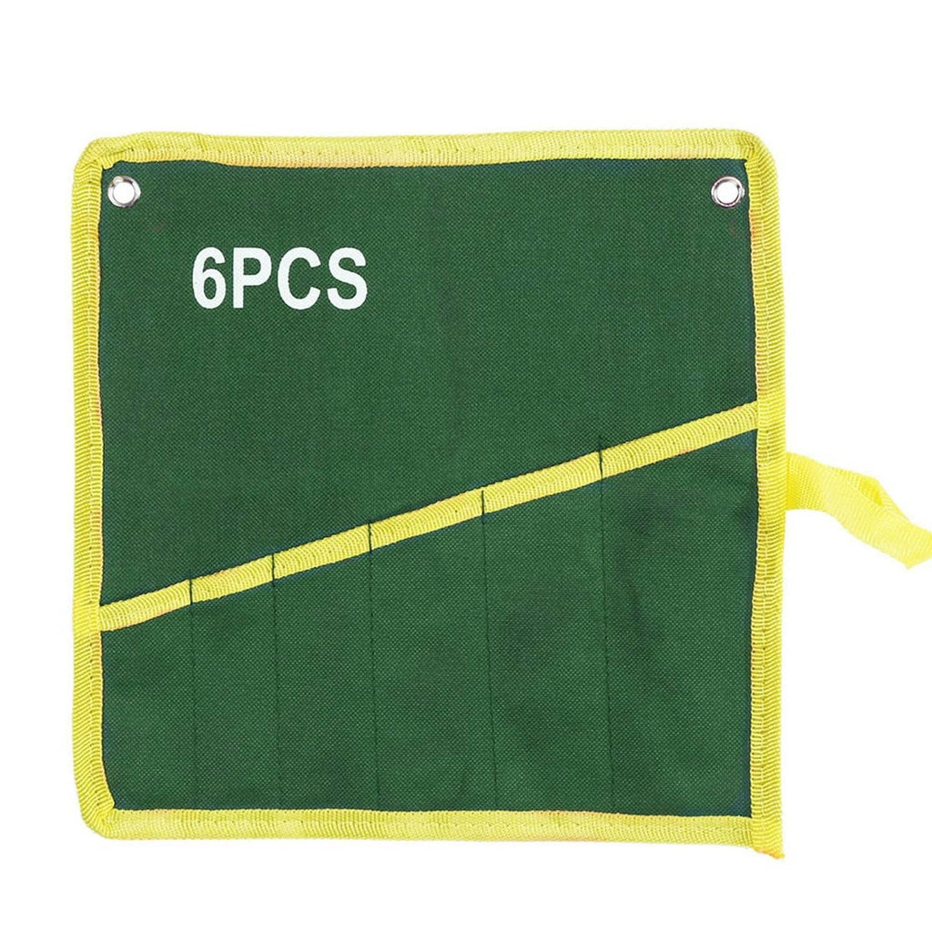 Green wrench roll-up pouch organizer with yellow trim and 6PCS pocket panel