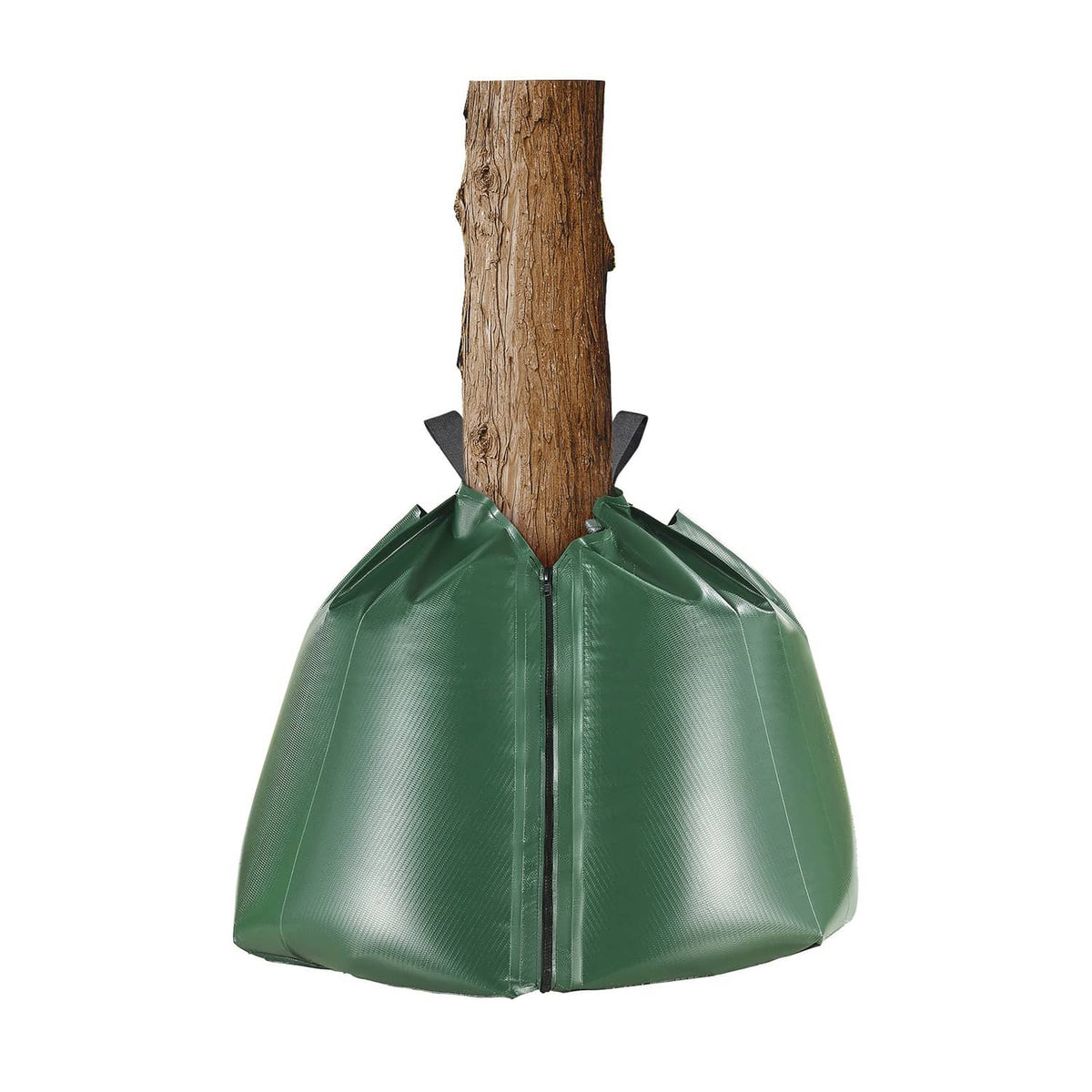 Green tree watering drip irrigation bag with drawstring top and outlet tabs
