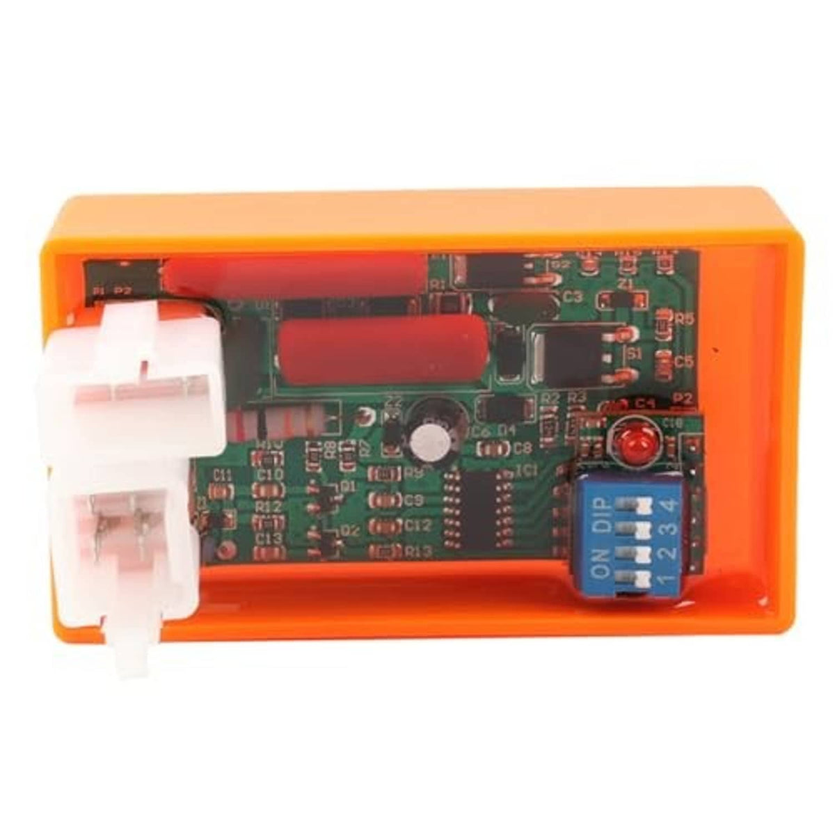 AC CDI ignition module view, orange housing with exposed green circuit board and pins