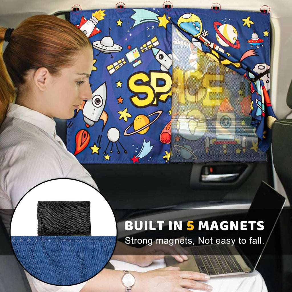 Blue space magnetic car window shade panel with stitched edge and double-layer