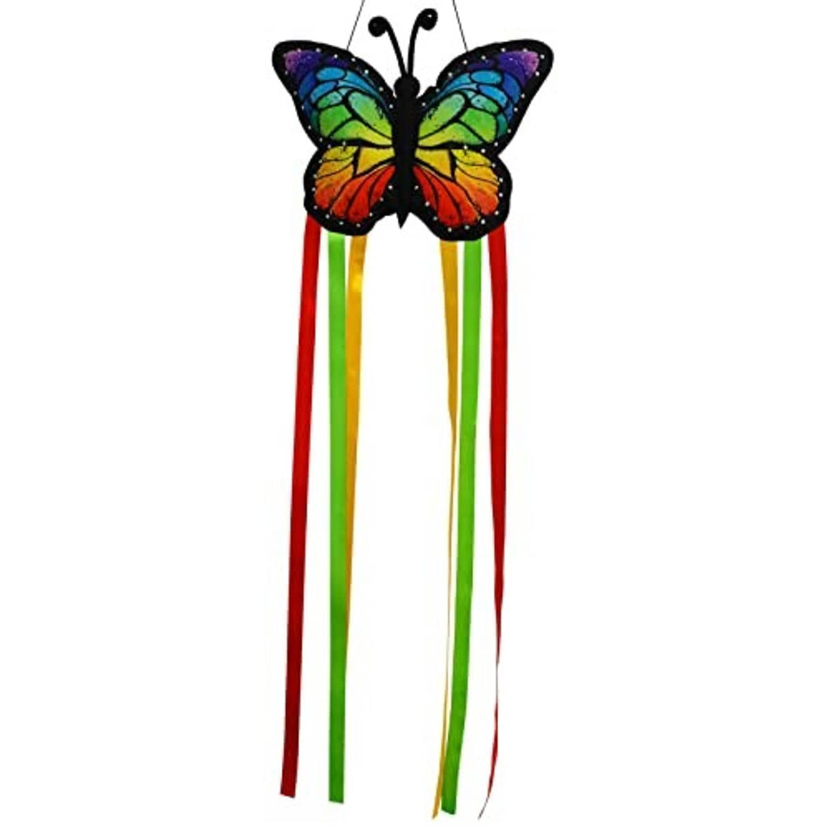 Butterfly windsock with black, multicolor wings and four streamers in red, green, yellow