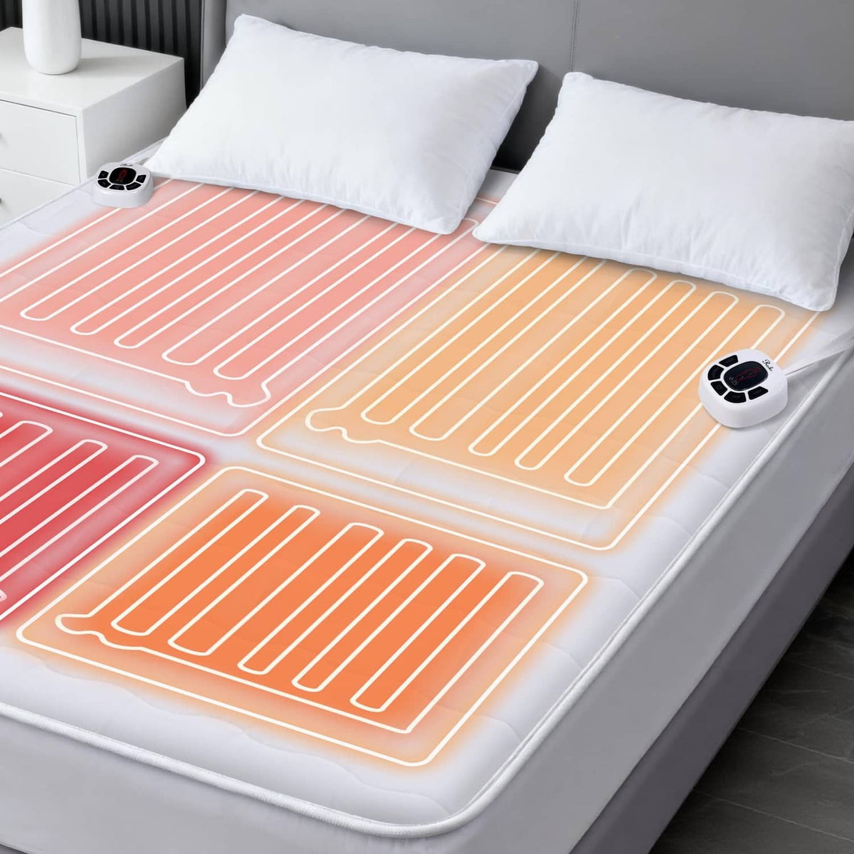 White heated mattress pad with glowing multi-zone heating lines