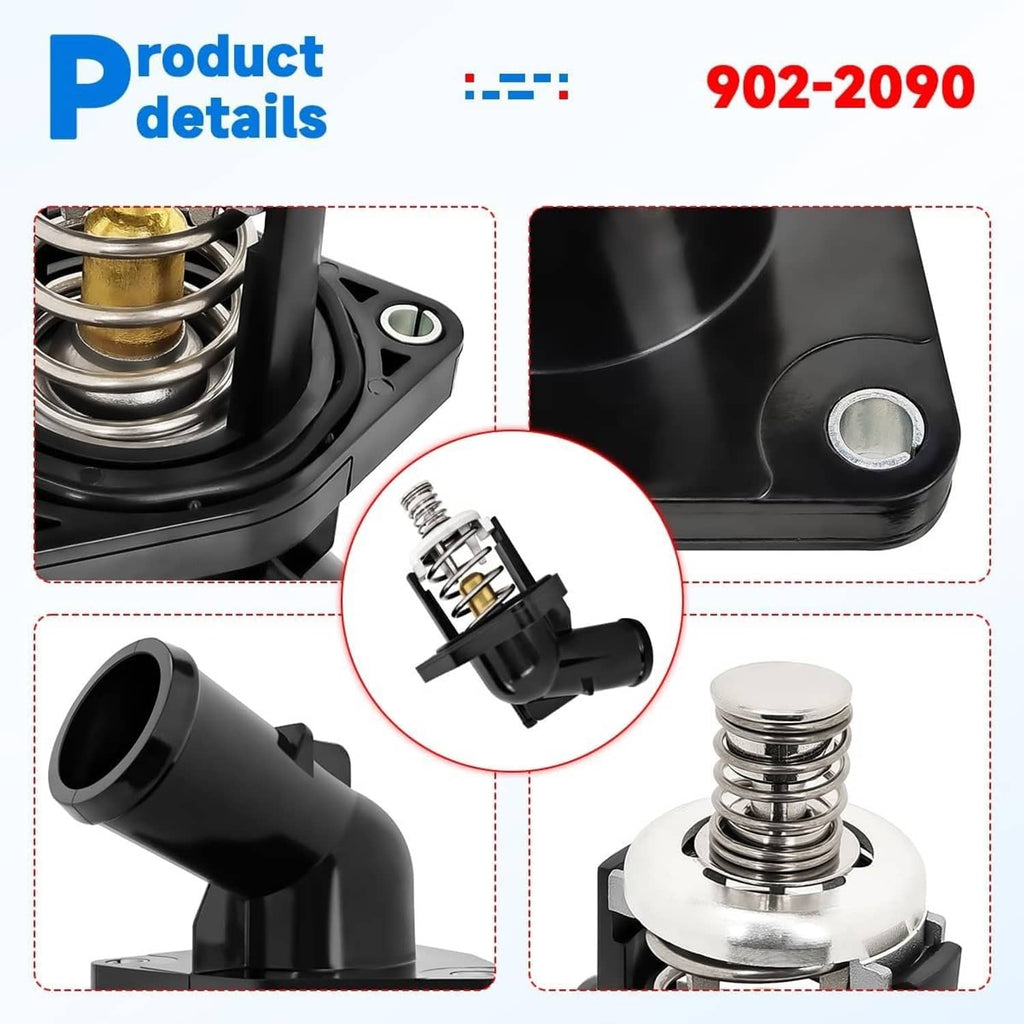 Water pump with thermostat, product details close-ups of spring, housing, and sensor port