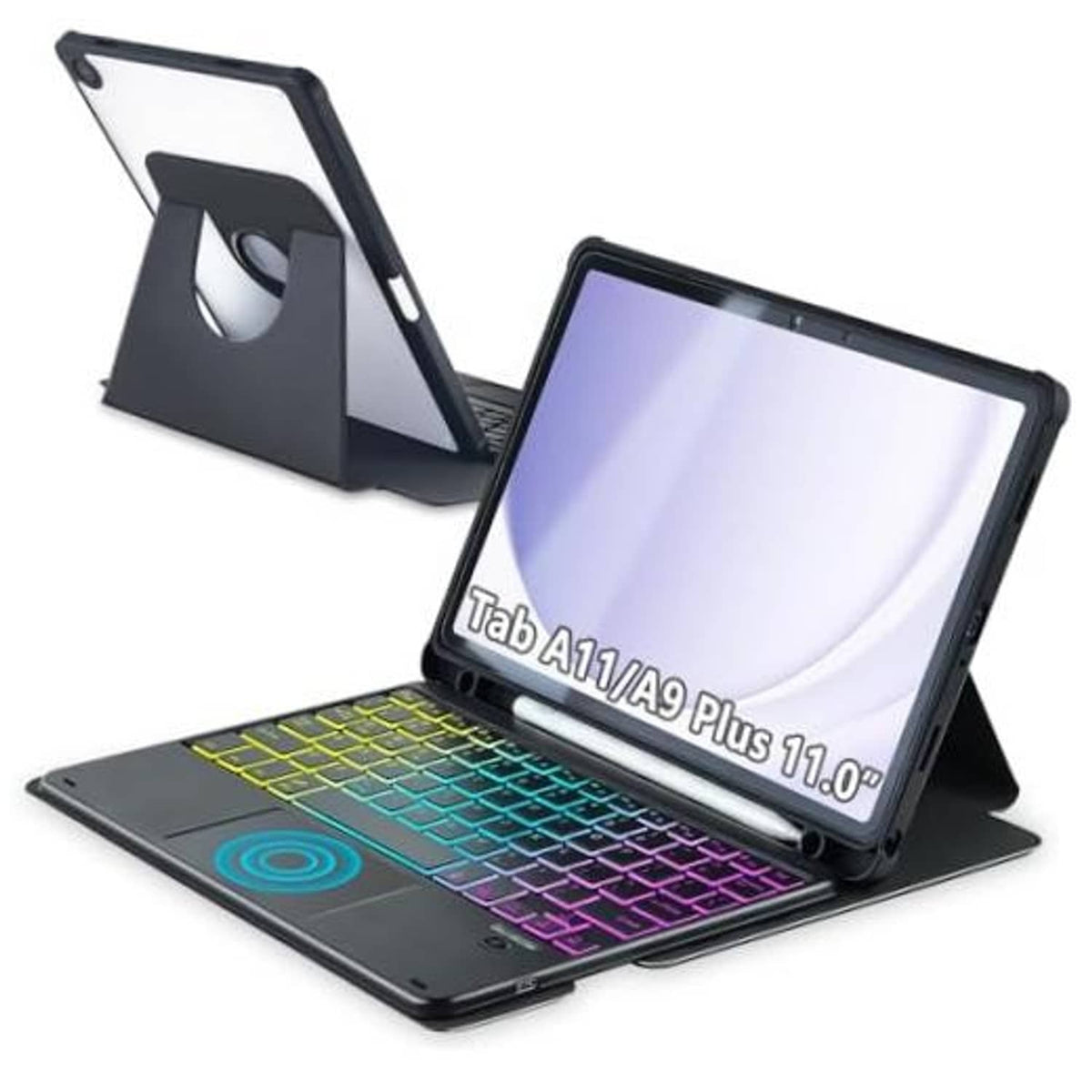 Black touchpad keyboard case with folding stand and rainbow backlit keys for 11-inch tablet
