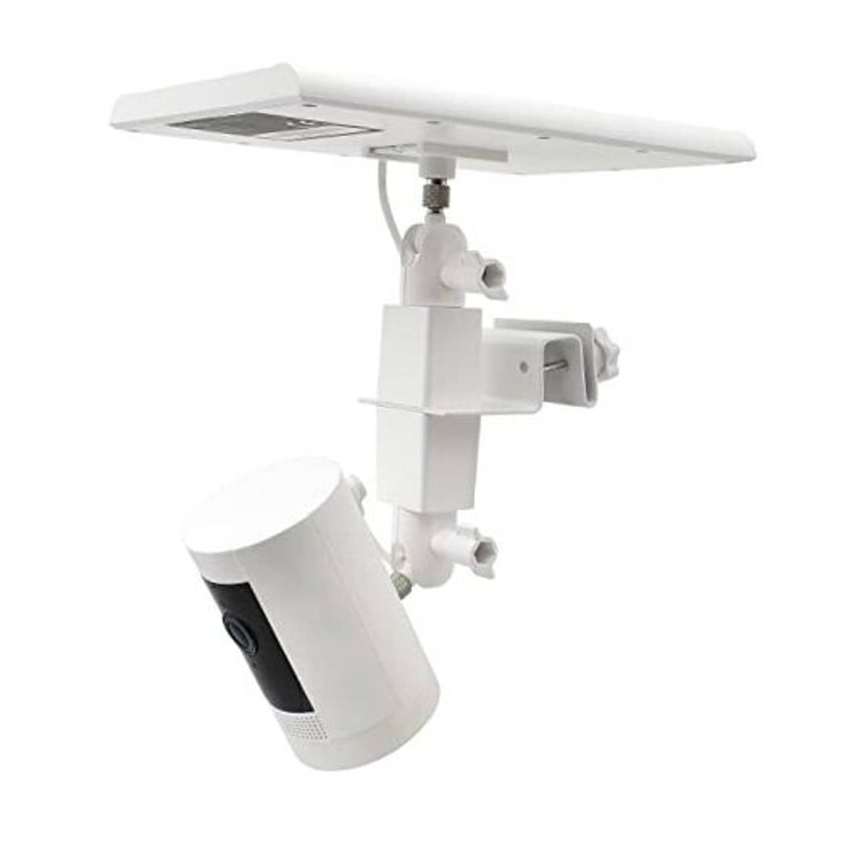 White 2-in-1 gutter mount with solar panel arm and camera bracket, adjustable joints