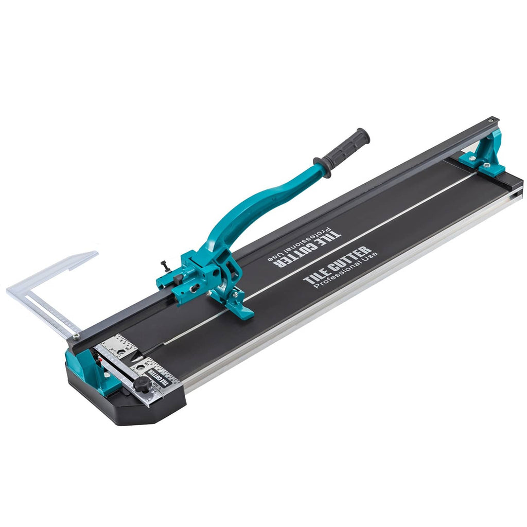 Tile cutter with turquoise handle, base scale, and adjustable cutting arm