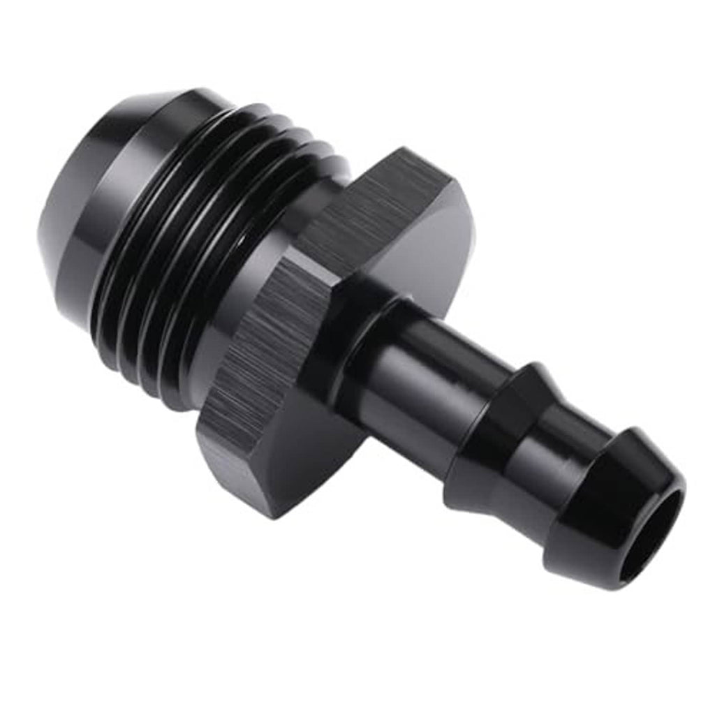Black flare-to-hose barb adapter with knurled ring, male threads, and 3/8 barb tip
