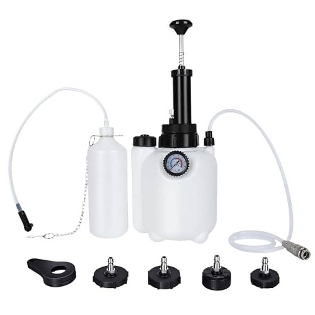 Brake fluid vacuum bleeder kit with white tank, black pump handle, gauge, hoses, caps