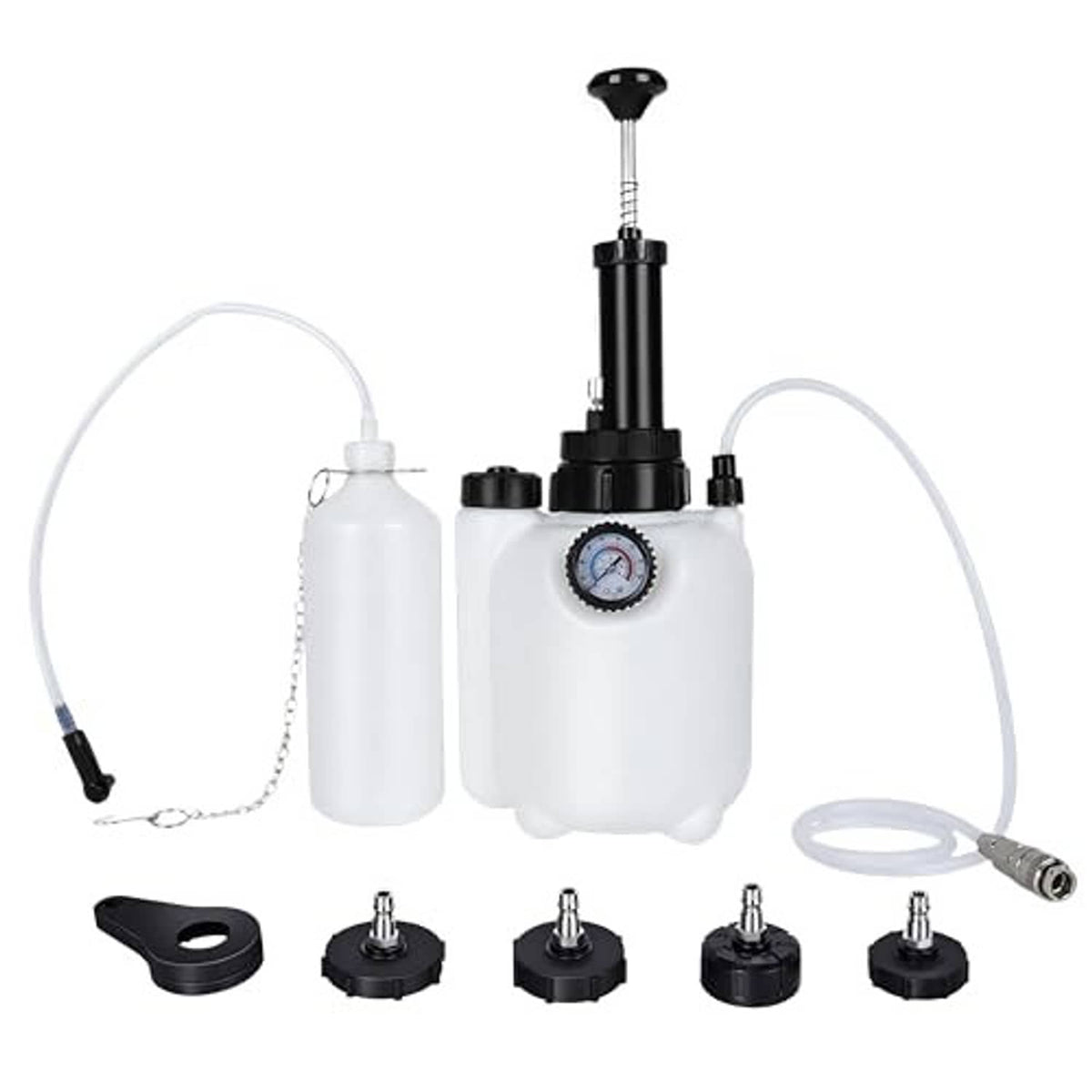 Brake fluid vacuum bleeder kit with white tank, black pump handle, gauge, hoses, caps