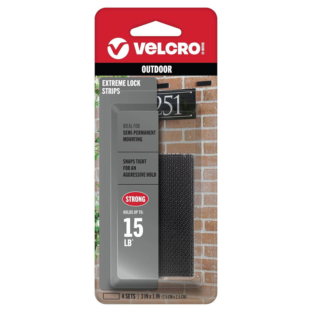 VELCRO Extreme Lock outdoor mounting strips with adhesive, dark hook-and-loop pads, 15 lb