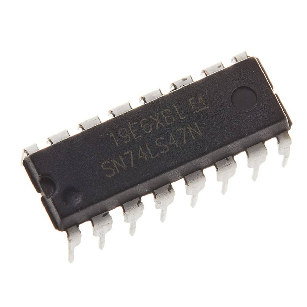 74LS47N IC in black DIP, top marking and pin legs visible