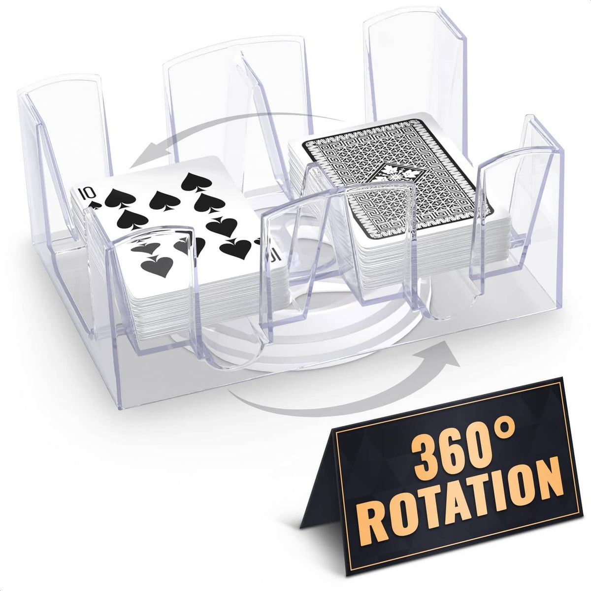Transparent plastic rotating card holder with 6 deck slots, holding stacked playing cards.