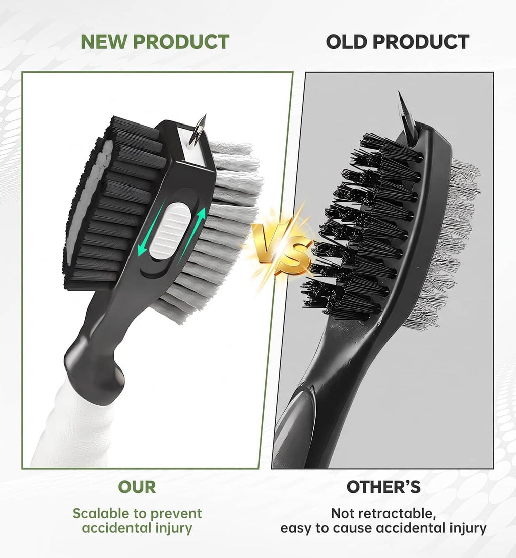 Retractable golf club cleaning brush with thick bristle head for scrubbing club grooves
