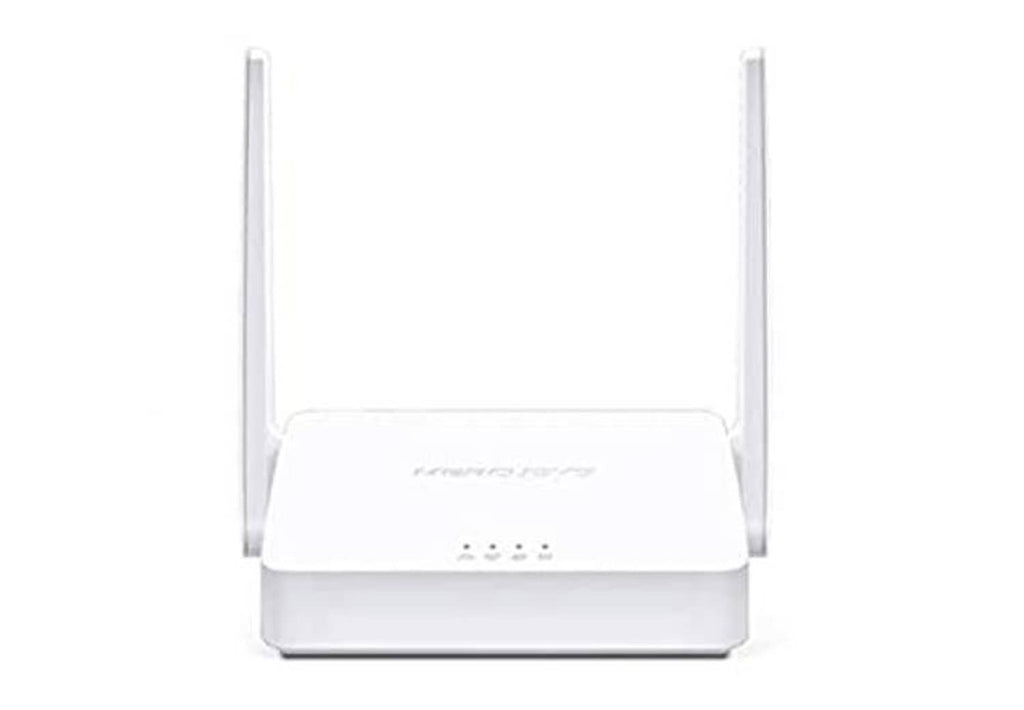 Front view white Wi‑Fi router with two antennas and LED indicator lights