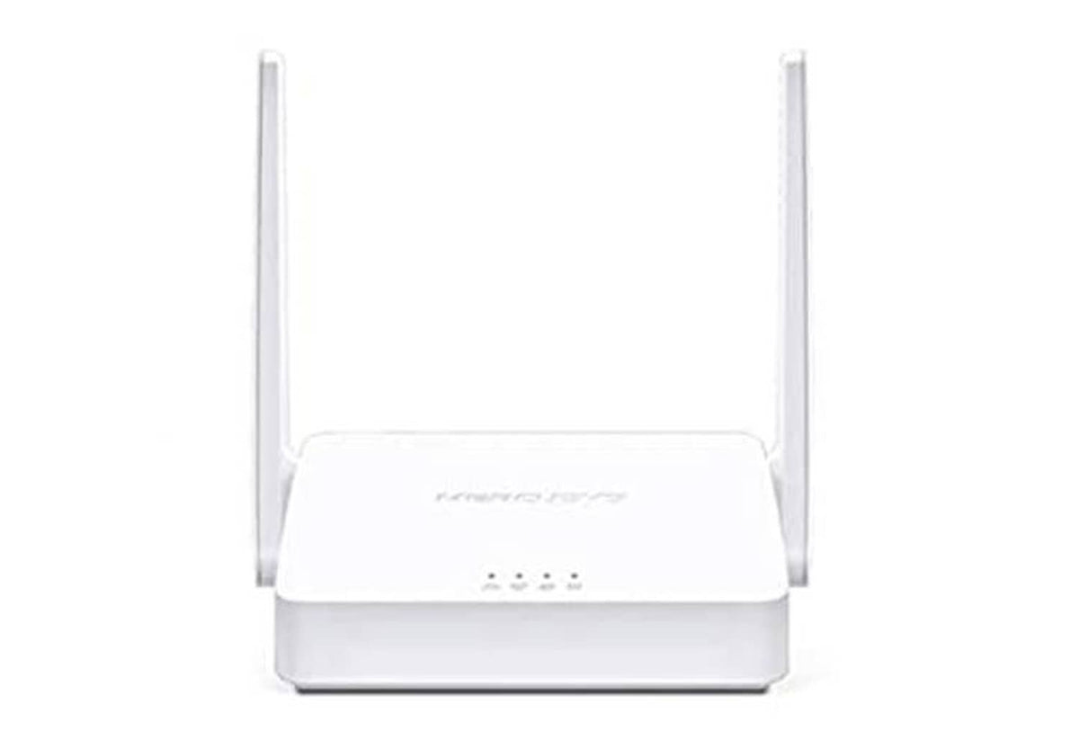 Front view white Wi‑Fi router with two antennas and LED indicator lights