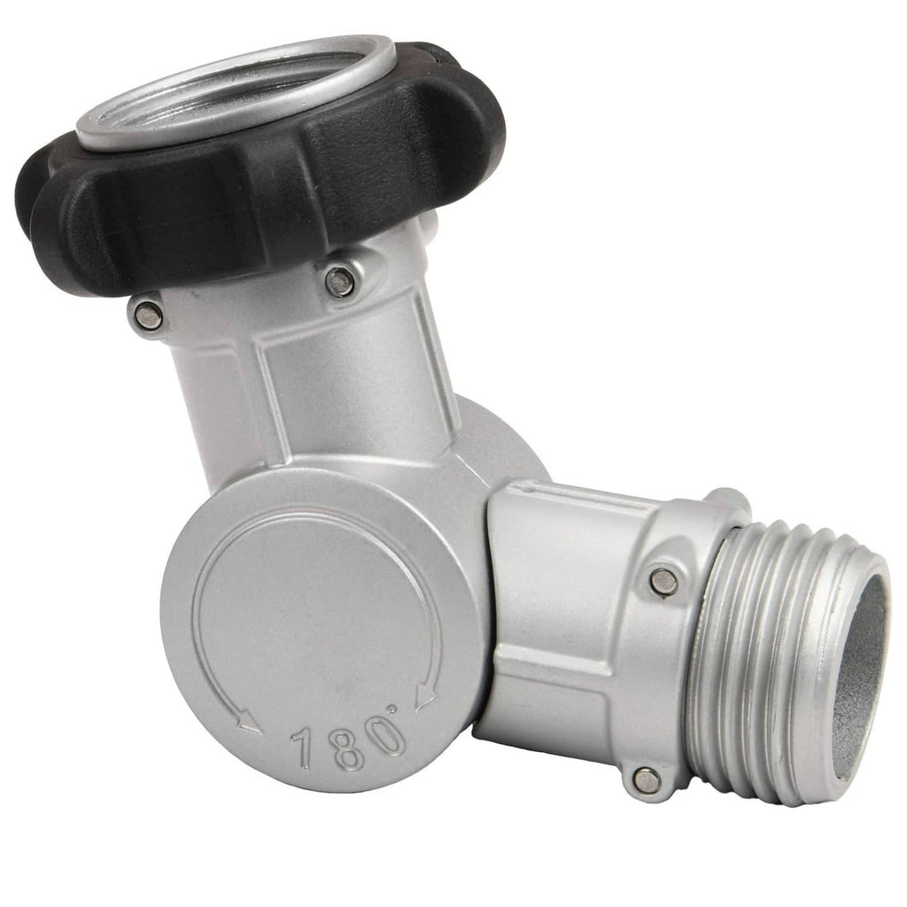 Swivel hose connector with black rubber grip, silver metal body, threaded outlet