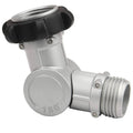 Swivel hose connector with black rubber grip, silver metal body, threaded outlet