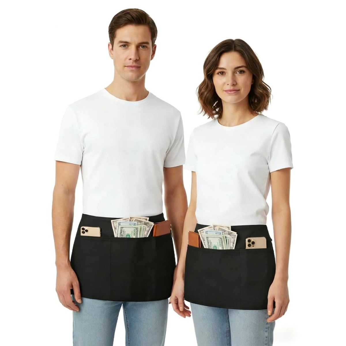 Black waist apron with 3 pockets, front view on two people