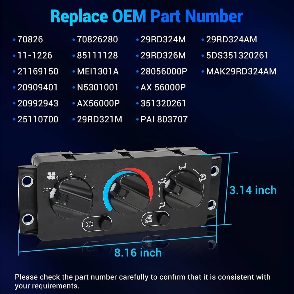 A/C climate control module panel front with blue and red temperature dial and rotary controls