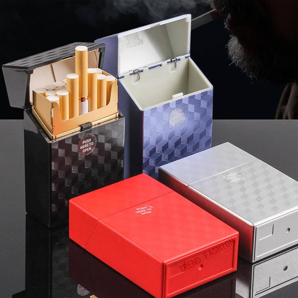 Push-to-open king-size cigarette case with hinged lid, open to show cigarette slots
