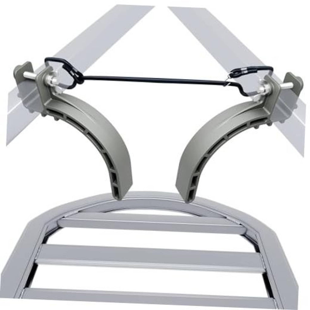 Grey tree stand climbing stirrups with black support bar, two-piece set