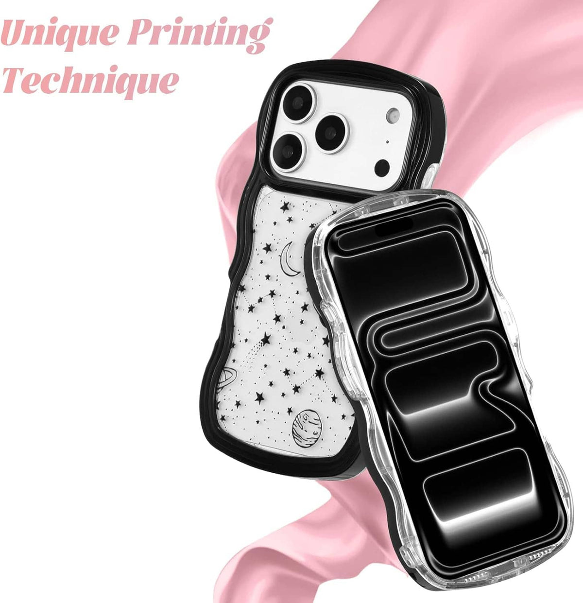 iPhone Pro Max case with black wave frame, white star print, and clear protective front
