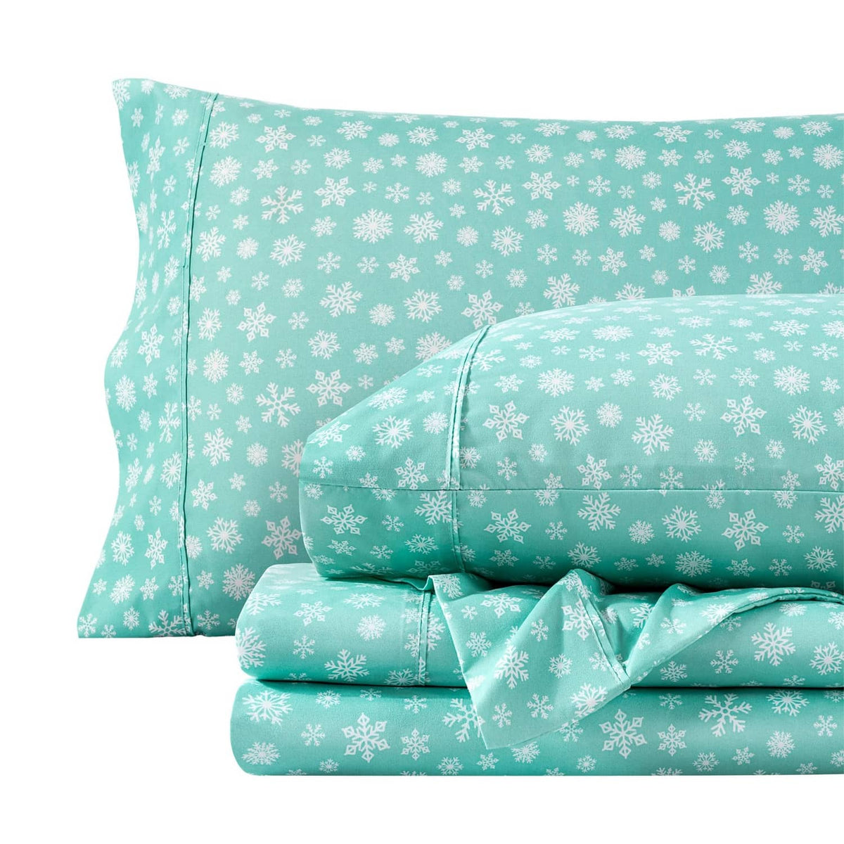 Teal snowflake bed sheet set with deep pockets, flat and fitted sheets
