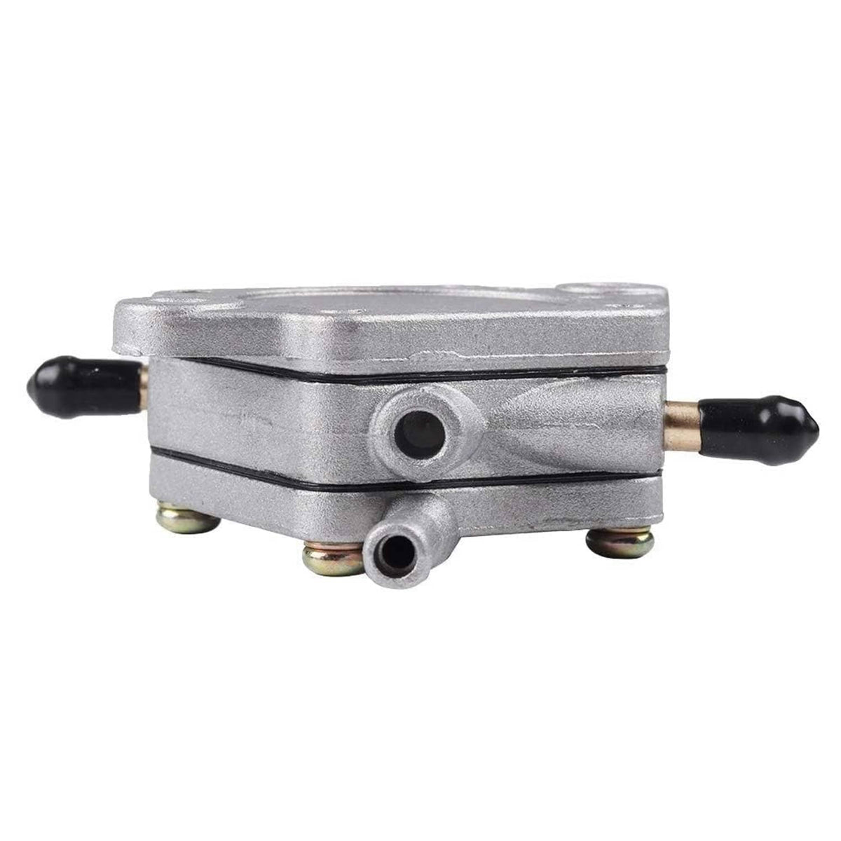 Compact gray fuel pump with two black hose connectors and side ports