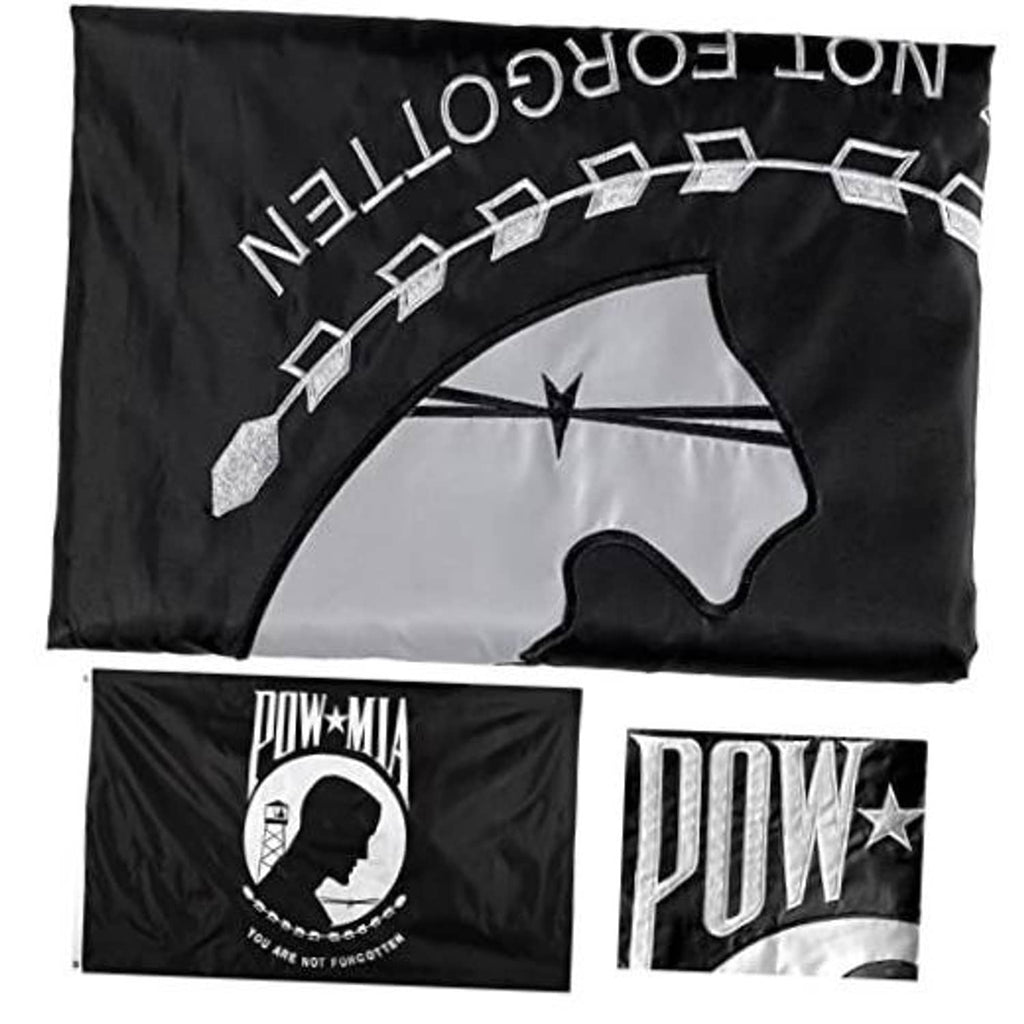 Black embroidered POW/MIA outdoor flag with white emblem and star arch, double-sided