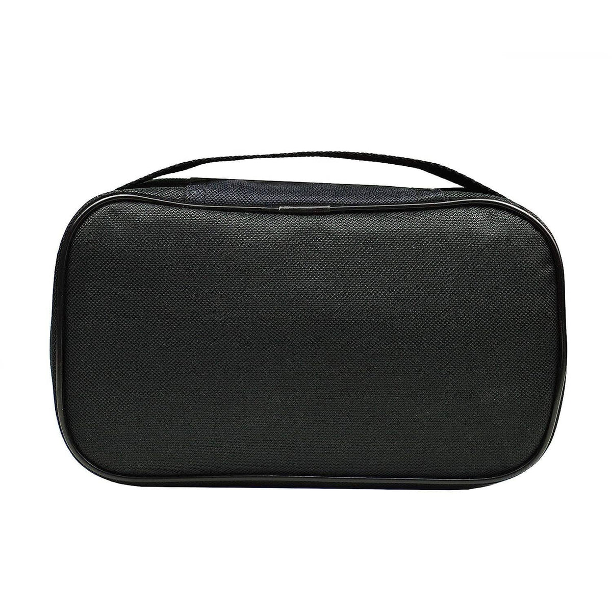 Black rectangular tool pouch with top handle and zipper, textured fabric exterior.