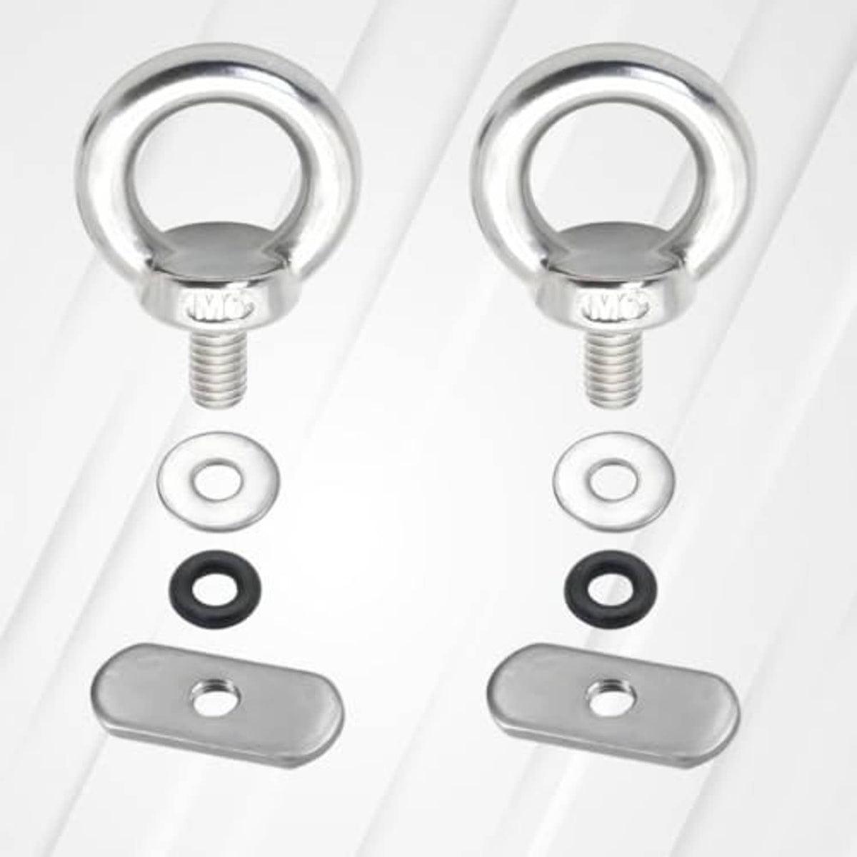 Stainless steel tie-down eyelets with mounting plates and rubber washers (2 pack)