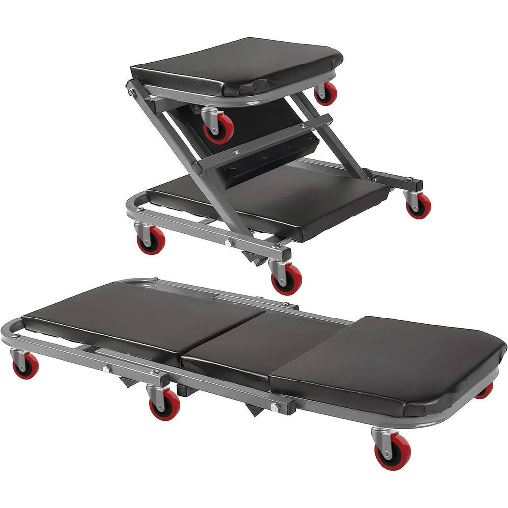 Heavy-duty rolling cart with red swivel caster wheels on black platform and silver frame