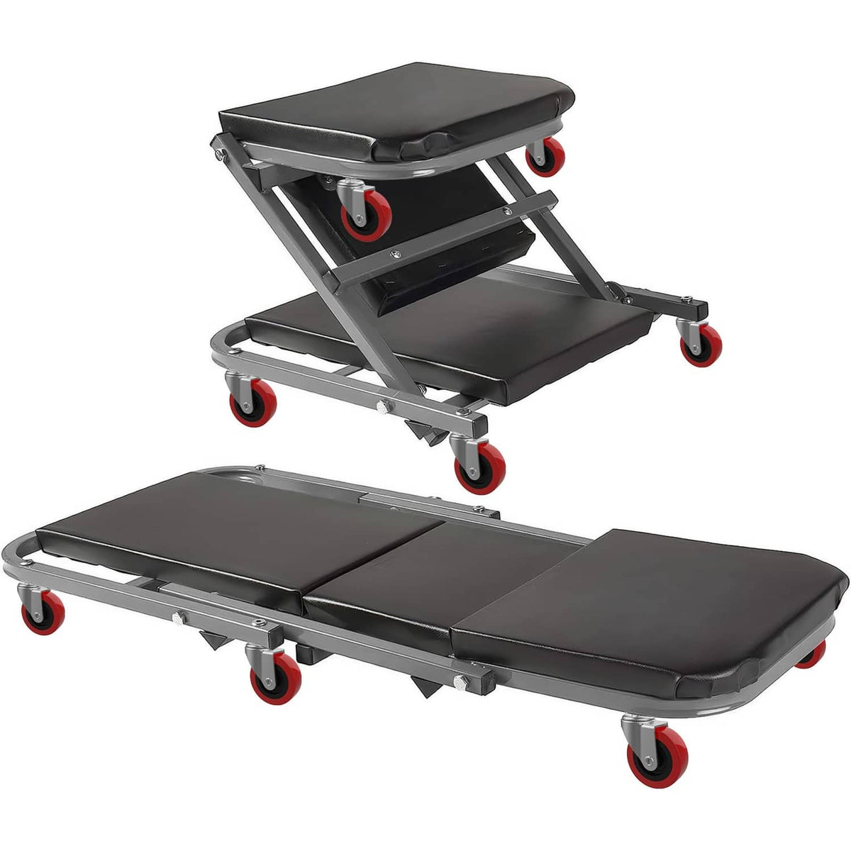 Heavy-duty rolling cart with red swivel caster wheels on black platform and silver frame